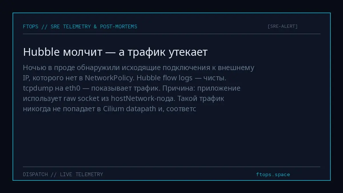 Ночью в проде обнаружили исходящие подключения к внешнему IP, которого нет в NetworkPolicy. Hubble flow logs — чисты. tcpdump на eth0 — показывает трафик | Сетка — социальная сеть от hh.ru