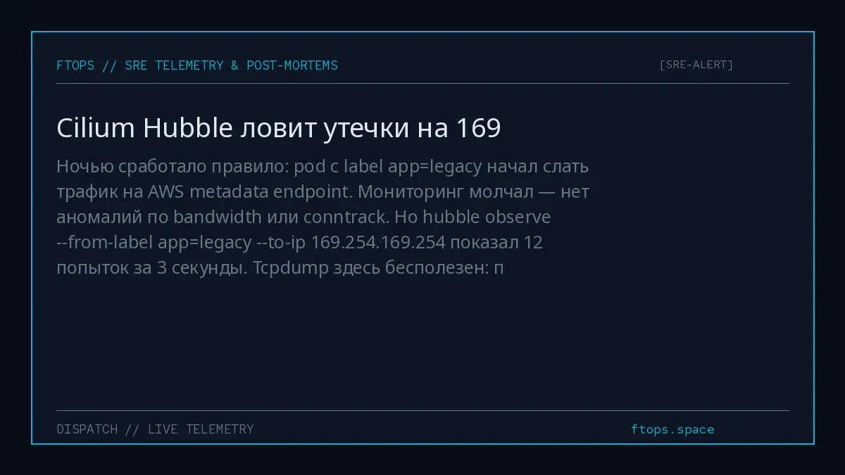 Ночью сработало правило: pod с label app=legacy начал слать трафик на AWS metadata endpoint. Мониторинг молчал — нет аномалий по bandwidth или conntrack | Сетка — социальная сеть от hh.ru
