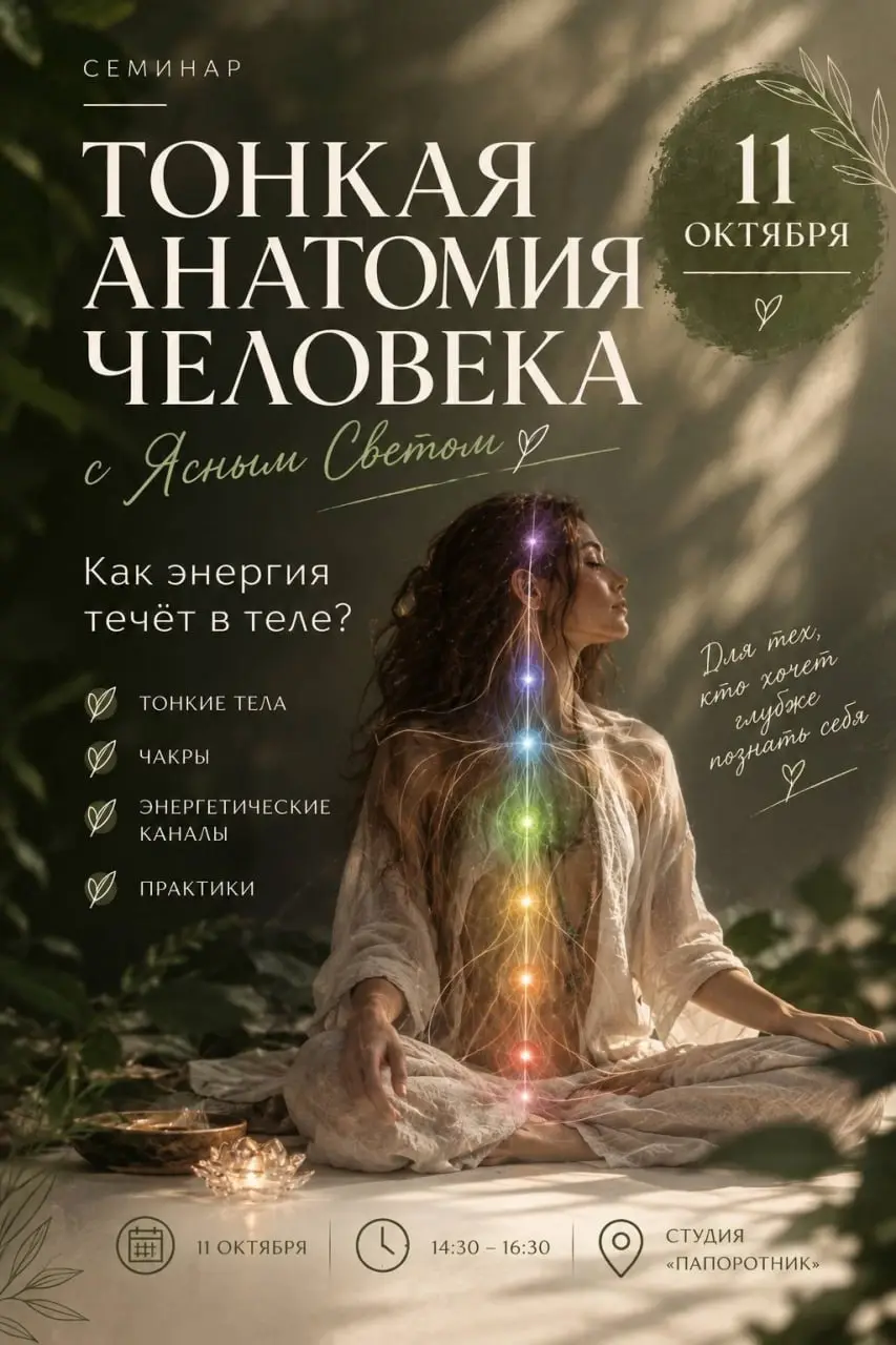 🌿 Семинар «ТОНКАЯ АНАТОМИЯ ЧЕЛОВЕКА» с Ясным Светом
Можно ли смотреть на тело не только через мышцы, суставы и анатомию?
На семинаре ознакомимся с другой системой взглядов на человека: через тонкие те... | Сетка — социальная сеть от hh.ru