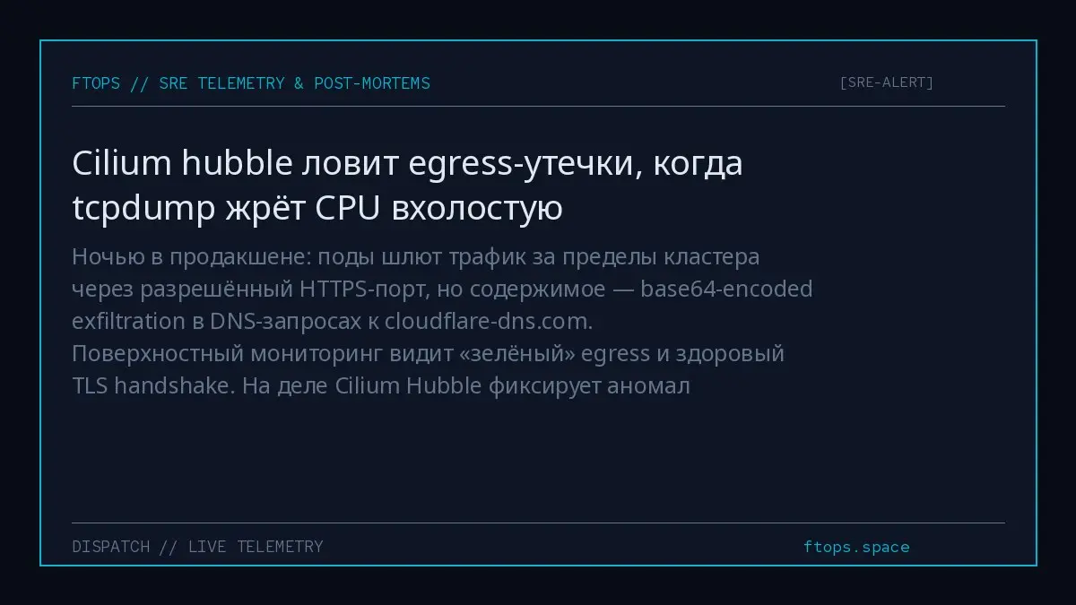 Ночью в продакшене: поды шлют трафик за пределы кластера через разрешённый HTTPS-порт, но содержимое — base64-encoded exfiltration в DNS-запросах к cloudflare-dns.com | Сетка — социальная сеть от hh.ru