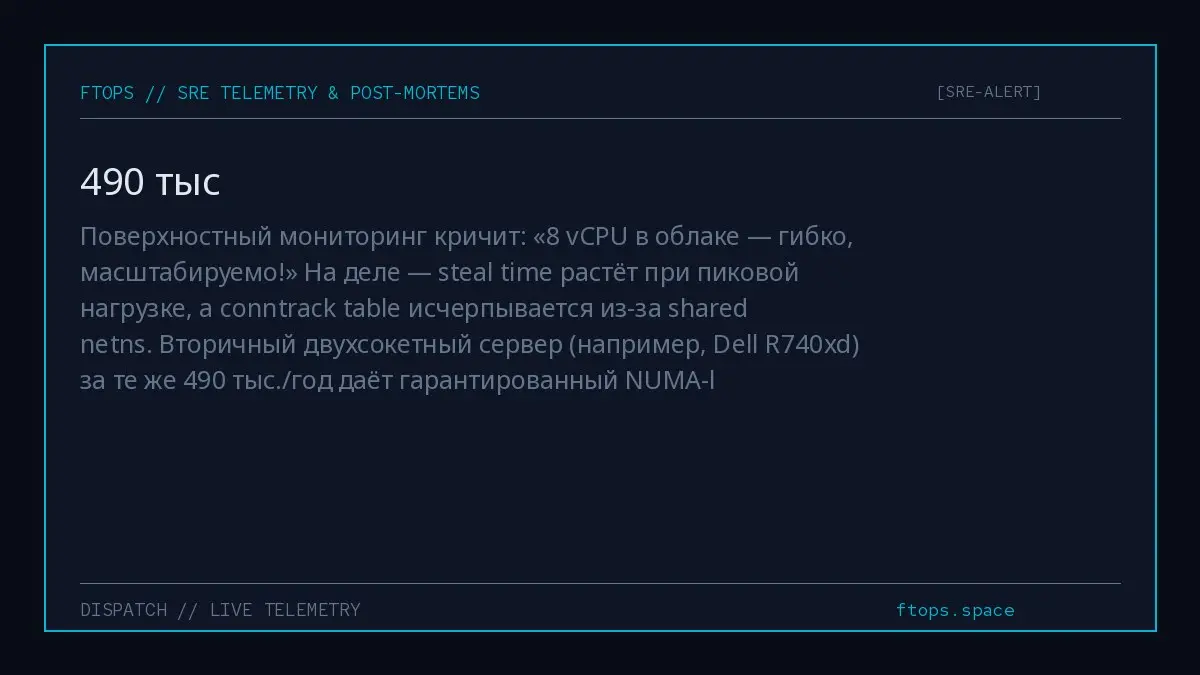 Поверхностный мониторинг кричит: «8 vCPU в облаке — гибко, масштабируемо!» На деле — steal time растёт при пиковой нагрузке, а conntrack table исчерпывается из-за shared netns | Сетка — социальная сеть от hh.ru