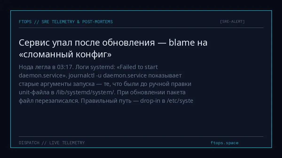 Нода легла в 03:17. Логи systemd: «Failed to start daemon.service». journalctl -u daemon.service показывает старые аргументы запуска — те, что были до ручной правки unit-файла в /lib/systemd/system/ | Сетка — социальная сеть от hh.ru