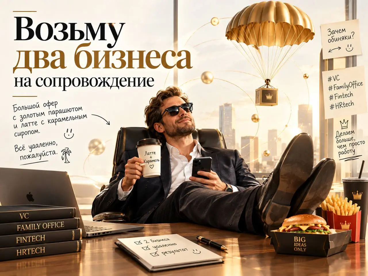 Возьму два бизнеса на сопровождение, большой офер с золотым парашютом и латте с карамельным сиропом. Всё удаленно, пожалуйста | Сетка — социальная сеть от hh.ru