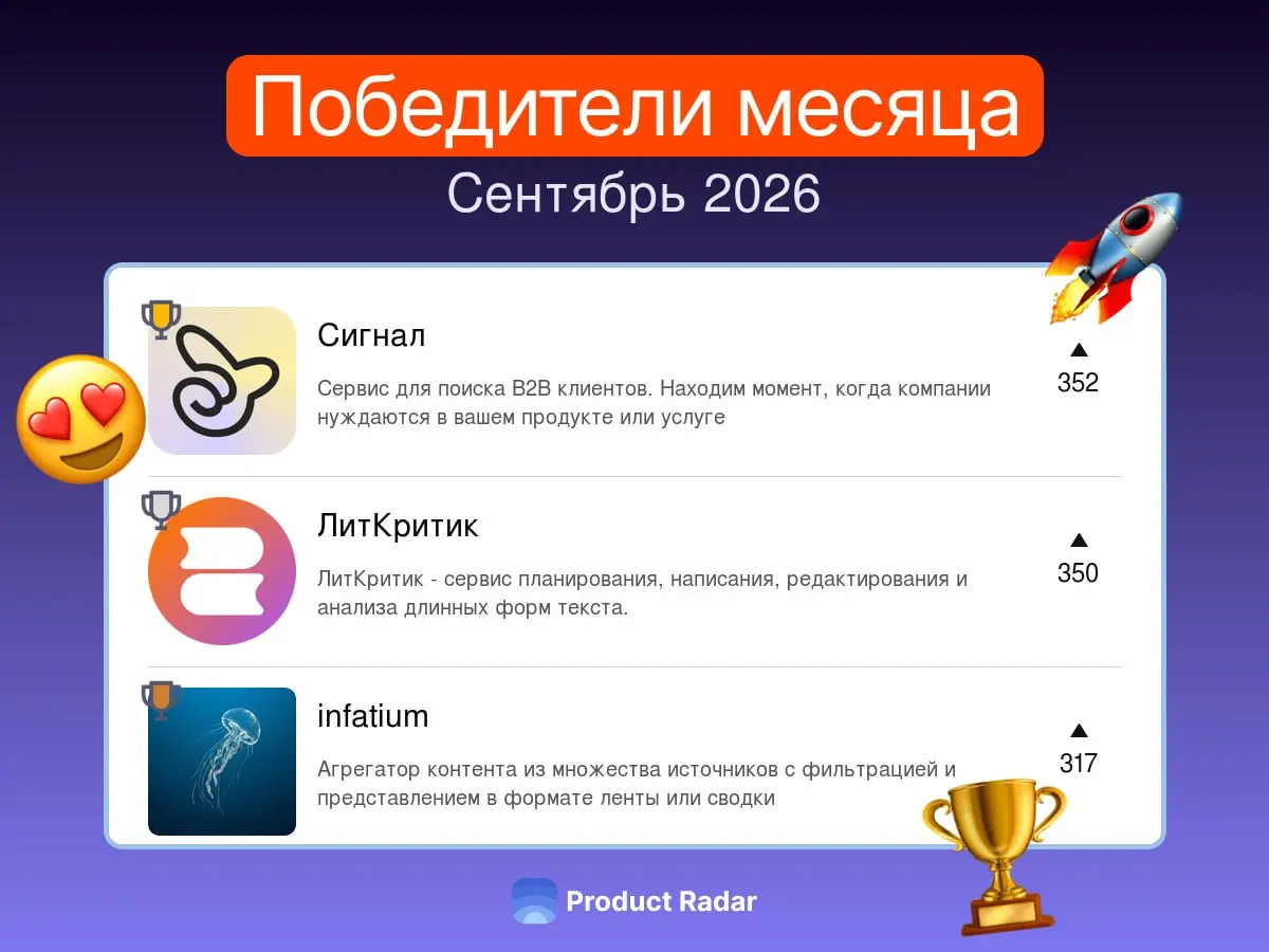 Лучшие проекты сентября 2026 на Радаре
🏆 Продукт сентября №1 — Сигнал
Сервис для поиска B2B клиентов | Сетка — социальная сеть от hh.ru
