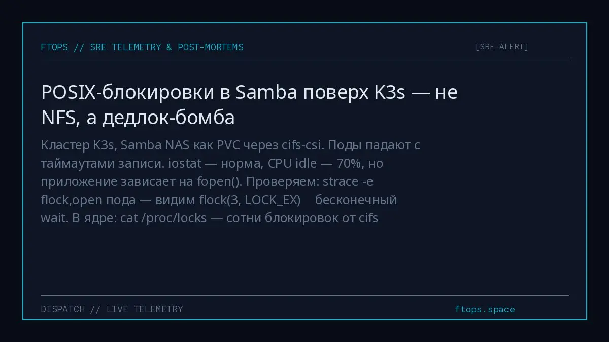 Кластер K3s, Samba NAS как PVC через cifs-csi. Поды падают с таймаутами записи. iostat — норма, CPU idle — 70%, но приложение зависает на fopen() | Сетка — социальная сеть от hh.ru