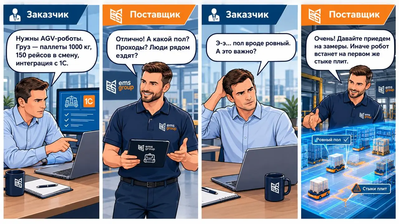 Как поставить задачу поставщику AGV-платформ: от 200 кг до 400 тонн
Почему одно ТЗ на все случаи жизни не работает
Автоматизация внутризаводской логистики с помощью AGV и AMR перестала быть экзотикой | Сетка — социальная сеть от hh.ru