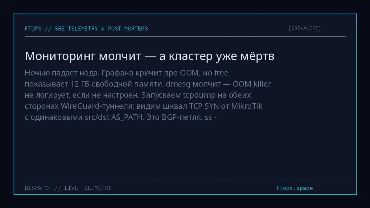 Ночью падает нода. Графана кричит про OOM, но free показывает 12 ГБ свободной памяти. dmesg молчит — OOM killer не логирует, если не настроен | Сетка — социальная сеть от hh.ru