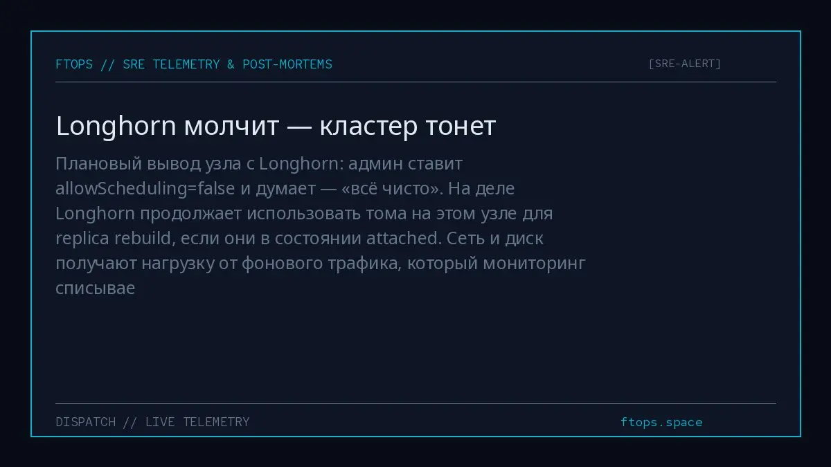 Плановый вывод узла с Longhorn: админ ставит allowScheduling=false и думает — «всё чисто». На деле Longhorn продолжает использовать тома на этом узле для replica rebuild, если они в состоянии attached | Сетка — социальная сеть от hh.ru