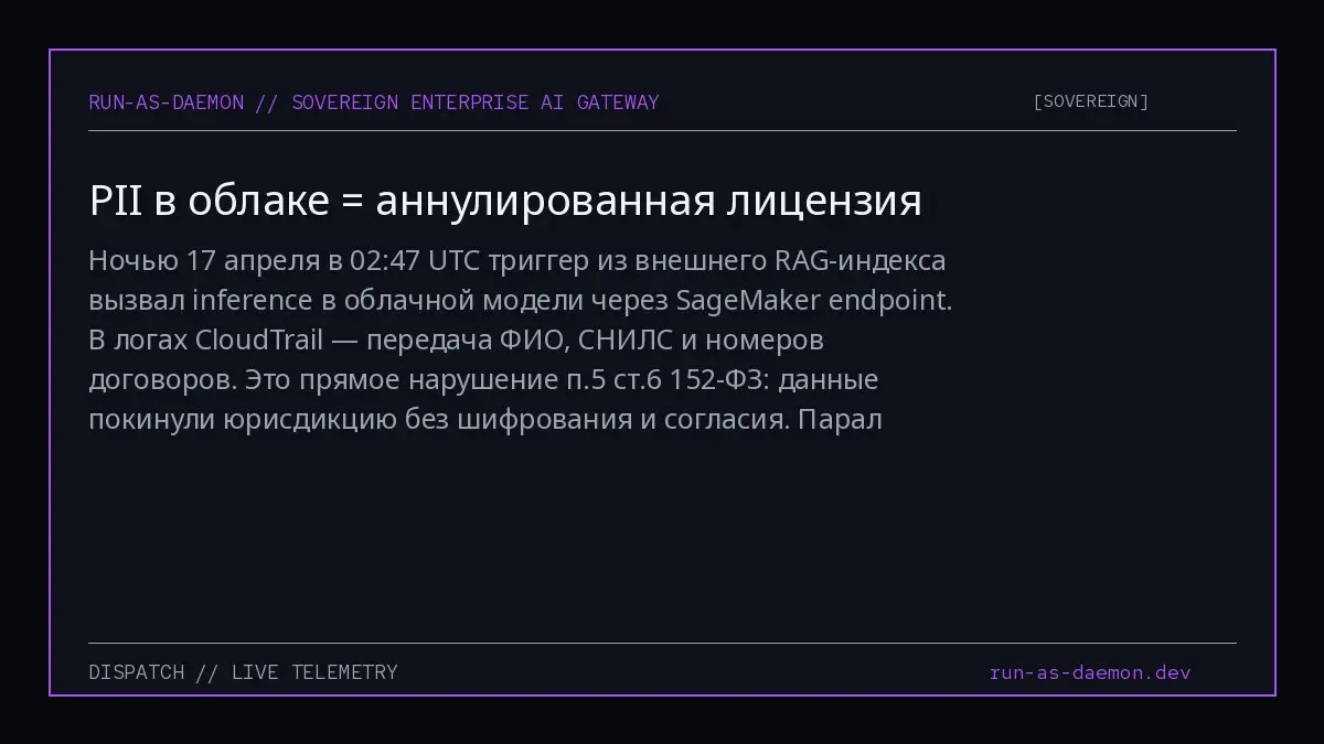 Ночью 17 апреля в 02:47 UTC триггер из внешнего RAG-индекса вызвал inference в облачной модели через SageMaker endpoint. В логах CloudTrail — передача ФИО, СНИЛС и номеров договоров | Сетка — социальная сеть от hh.ru