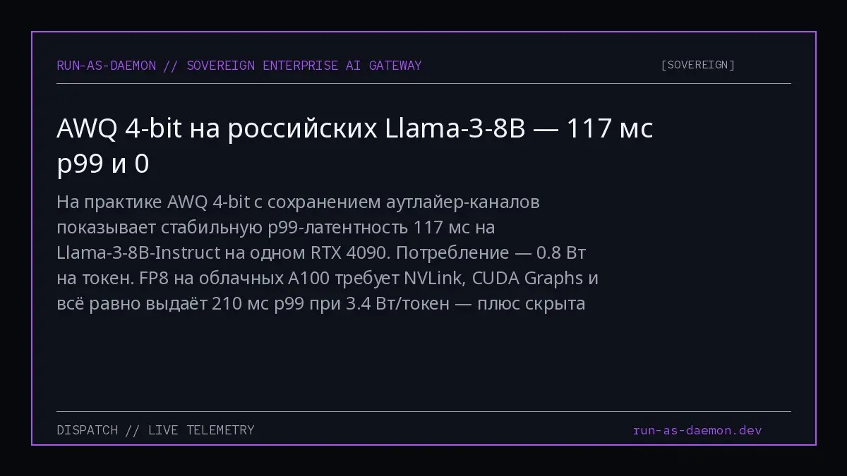 На практике AWQ 4-bit с сохранением аутлайер-каналов показывает стабильную p99-латентность 117 мс на Llama-3-8B-Instruct на одном RTX 4090. Потребление — 0.8 Вт на токен | Сетка — социальная сеть от hh.ru