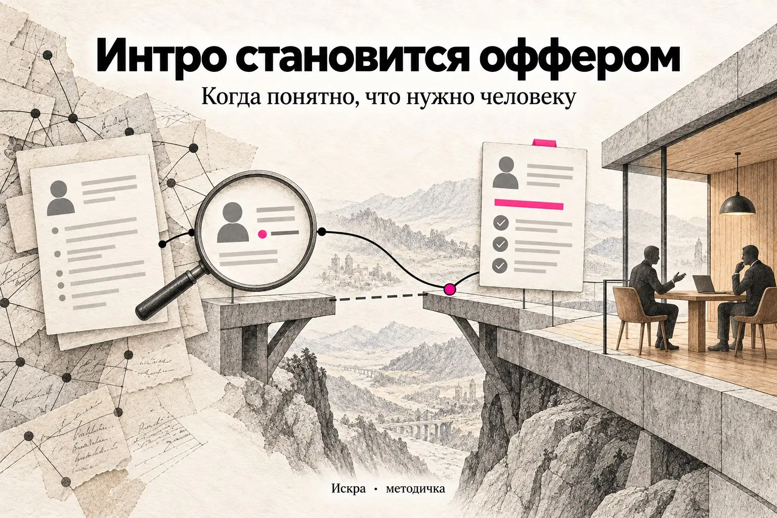 ОБЩЕЕ ИНТРО — ЭТО ОСНОВА ДЛЯ ПЕРСОНАЛЬНОГО ОФФЕРА
«Мы делаем финансовые модели» — ещё не оффер конкретному человеку. Это основа оффера.
Настоящее предложение появляется, когда понимаешь его задачу | Сетка — социальная сеть от hh.ru