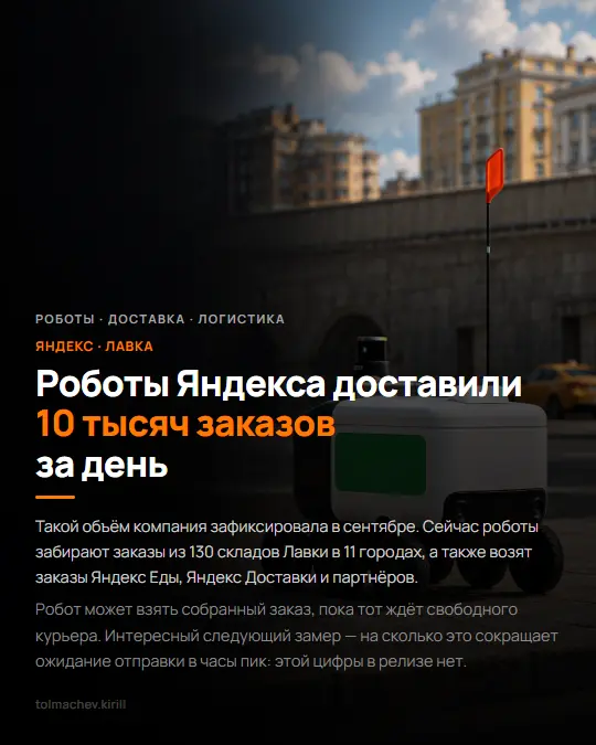 Роботы Яндекса доставили 10 тысяч заказов за день | Сетка — социальная сеть от hh.ru