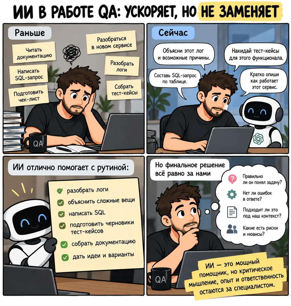 ИИ в тестировании: заберёт работу или просто заберёт рутину?
Последнее время ИИ всё чаще появляется именно в рабочих задачах | Сетка — социальная сеть от hh.ru
