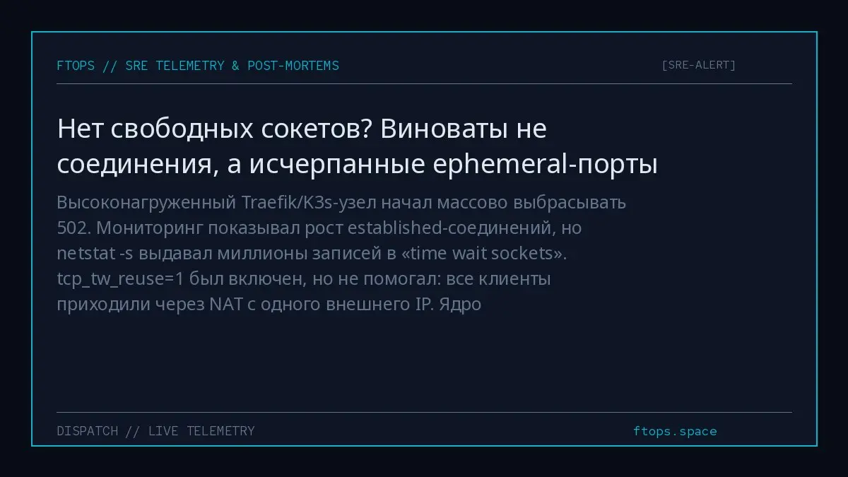 Высоконагруженный Traefik/K3s-узел начал массово выбрасывать 502. Мониторинг показывал рост established-соединений, но netstat -s выдавал миллионы записей в «time wait sockets» | Сетка — социальная сеть от hh.ru
