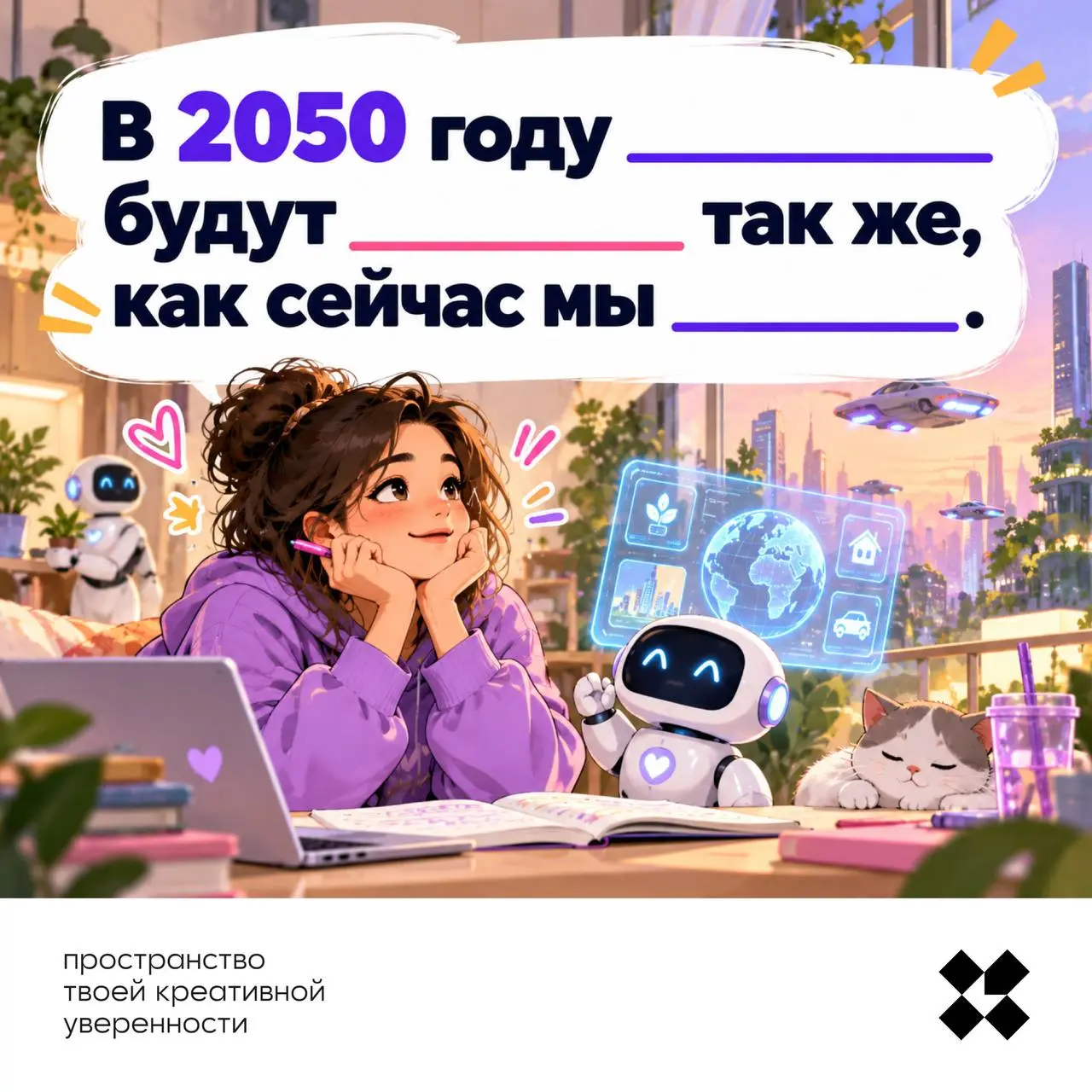 Помечтайте немного. Всего три слова, и вы в 2050! Вернётесь в 2050 к своим ответам, посмеёмся вместе.
#10идейвдень by @creativehappens | Сетка — социальная сеть от hh.ru
