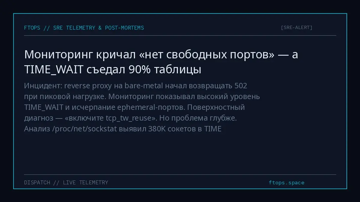 Инцидент: reverse proxy на bare-metal начал возвращать 502 при пиковой нагрузке. Мониторинг показывал высокий уровень TIMEWAIT и исчерпание ephemeral-портов | Сетка — социальная сеть от hh.ru
