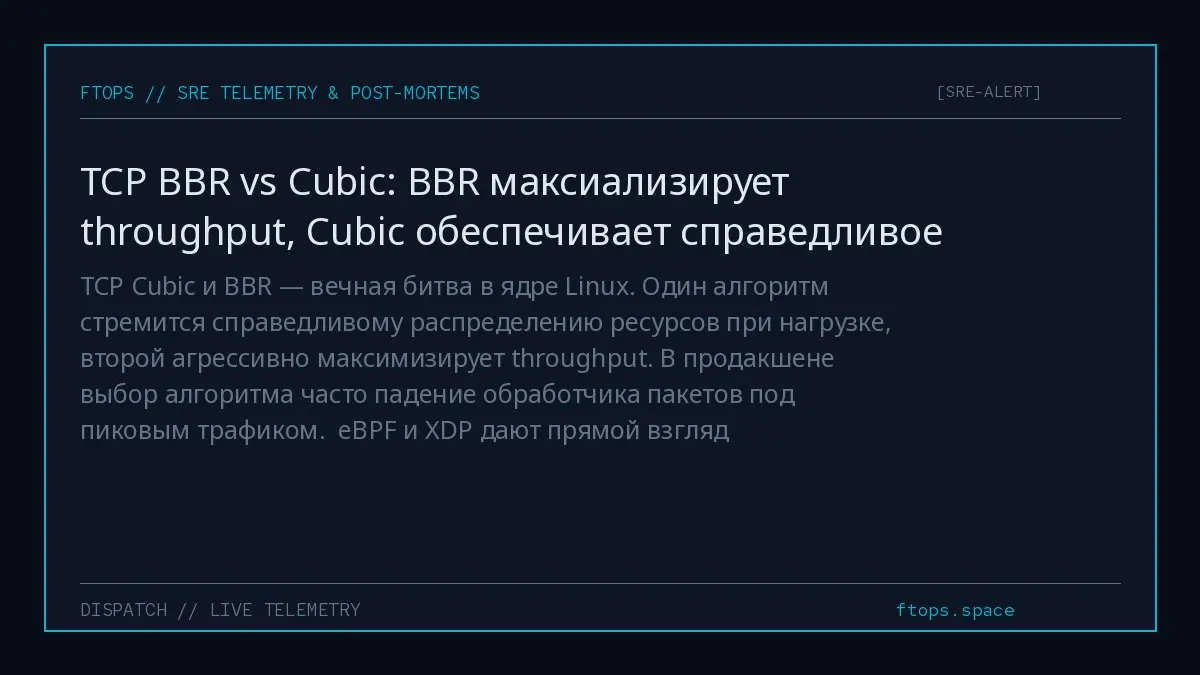 TCP Cubic и BBR — вечная битва в ядре Linux. Один алгоритм стремится справедливому распределению ресурсов при нагрузке, второй агрессивно максимизирует throughput | Сетка — социальная сеть от hh.ru