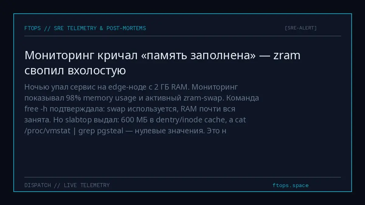 Ночью упал сервис на edge-ноде с 2 ГБ RAM. Мониторинг показывал 98% memory usage и активный zram-swap. Команда free -h подтверждала: swap используется, RAM почти вся занята | Сетка — социальная сеть от hh.ru