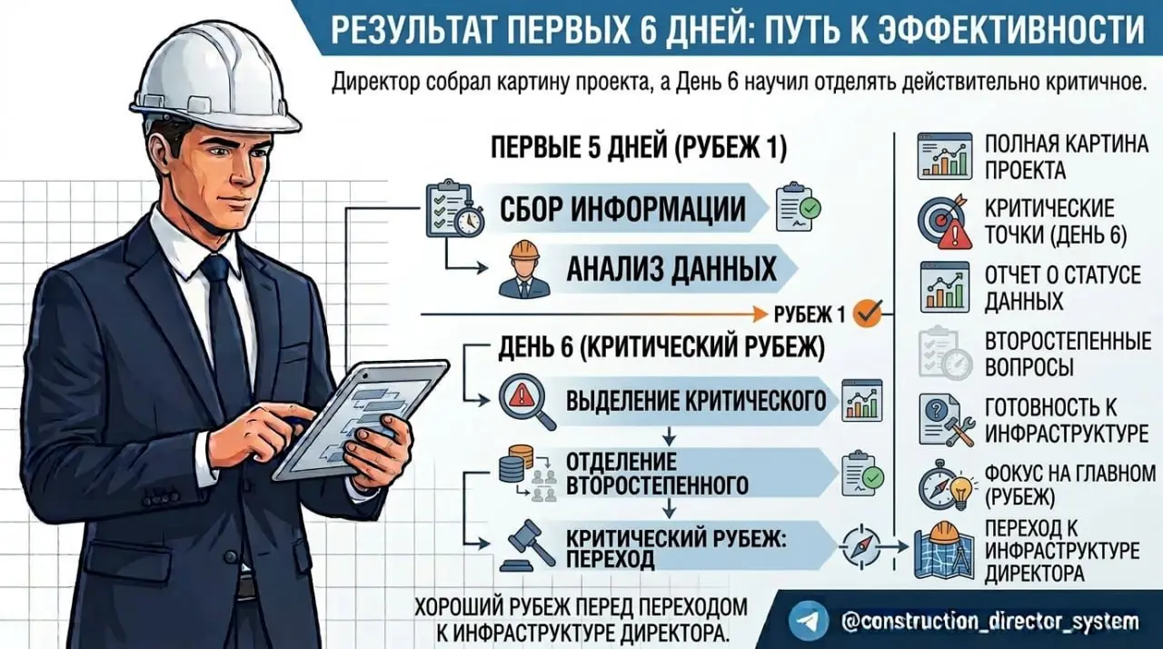 ИТОГИ ПЕРВОЙ НЕДЕЛИ
Что должен получить директор по строительству после первого управленческого цикла
Первые дни директора — это не попытка сразу «починить стройку» | Сетка — социальная сеть от hh.ru
