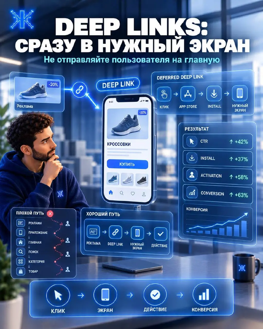 ⚡️⚡️⚡️Пользователь нажал на рекламу товара, а приложение открыло главную.
Знакомый сценарий?
Пользователь хотел купить конкретный товар, получить скидку или оформить ОСАГО | Сетка — социальная сеть от hh.ru
