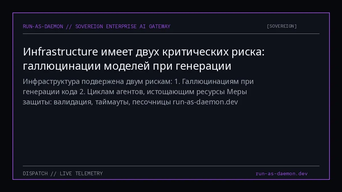 Инфраструктура подвержена двум рискам:
1. Галлюцинациям при генерации кода
2. Циклам агентов, истощающим ресурсы
Меры защиты: валидация, таймауты, песочницы
run-as-daemon.dev | Сетка — социальная сеть от hh.ru