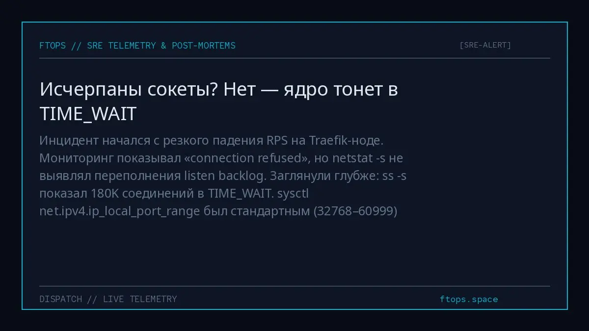 Инцидент начался с резкого падения RPS на Traefik-ноде. Мониторинг показывал «connection refused», но netstat -s не выявлял переполнения listen backlog | Сетка — социальная сеть от hh.ru