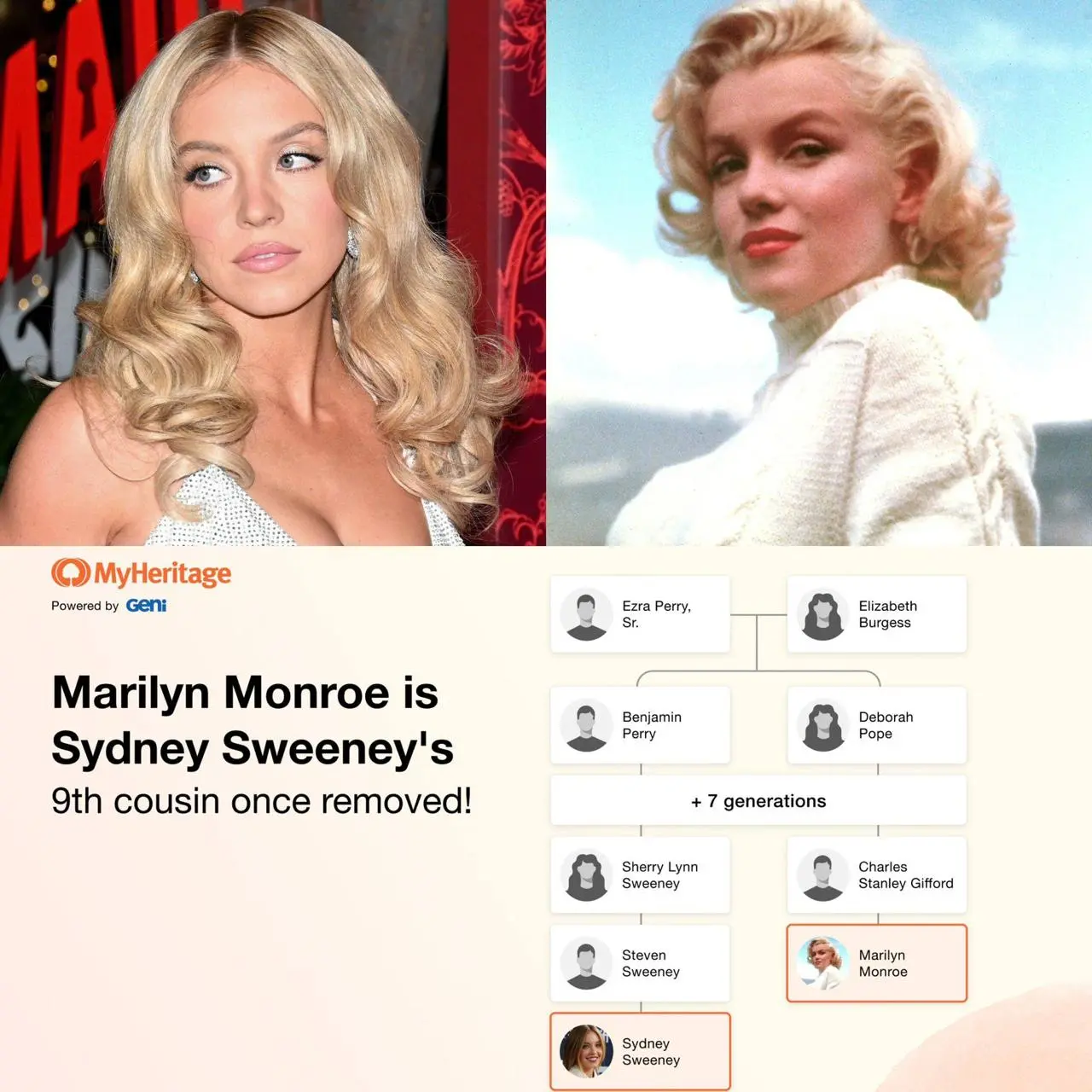 Франшиза на ДНК
MyHeritage выяснила, что Сидни Суини — дальняя родственница Мэрилин Монро.
Девятиюродная сестра через поколение: их общий предок жил в Массачусетсе в XVII веке | Сетка — социальная сеть от hh.ru