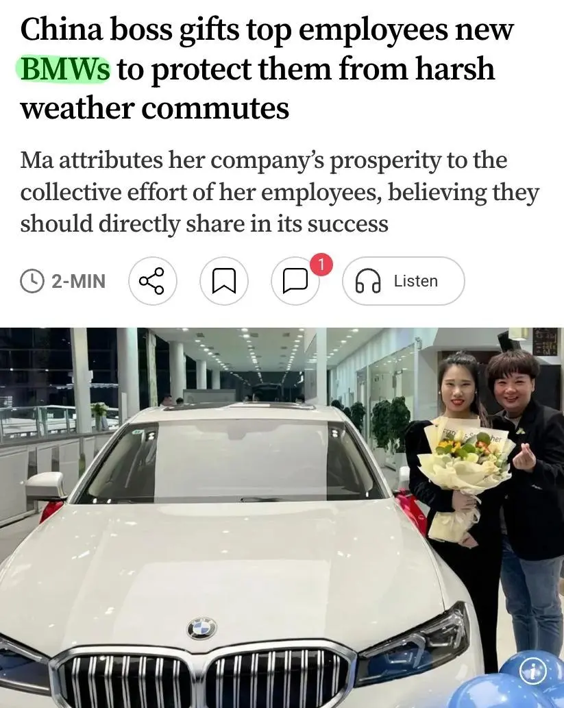 Владелица ресторана в Китае подарила работникам новые BMW, когда увидела, как те добираются до работы на самокатах в сильный мороз. | Сетка — социальная сеть от hh.ru