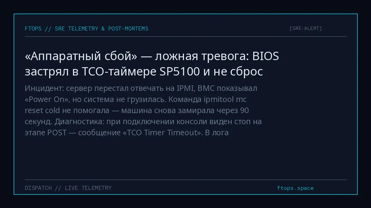 Инцидент: сервер перестал отвечать на IPMI, BMC показывал «Power On», но система не грузилась. Команда ipmitool mc reset cold не помогала — машина снова замирала через 90 секунд | Сетка — социальная сеть от hh.ru
