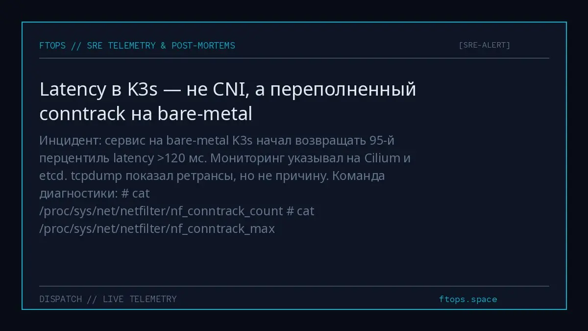 Инцидент: сервис на bare-metal K3s начал возвращать 95-й перцентиль latency >120 мс. Мониторинг указывал на Cilium и etcd. tcpdump показал ретрансы, но не причину | Сетка — социальная сеть от hh.ru