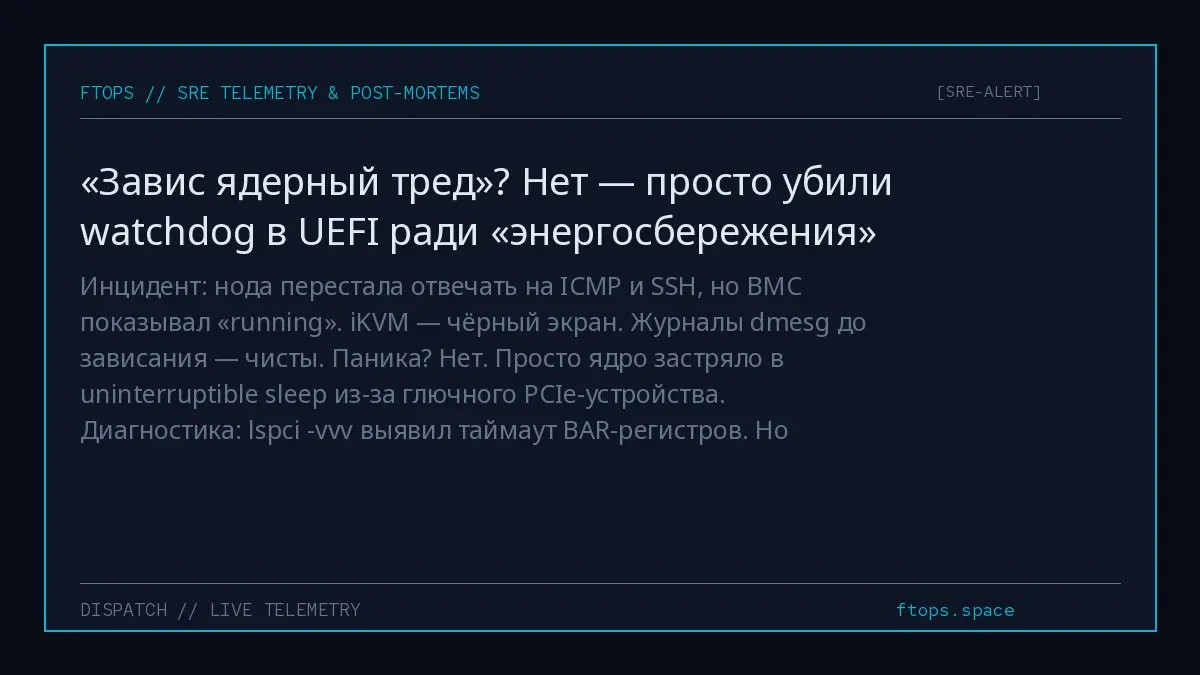 Инцидент: нода перестала отвечать на ICMP и SSH, но BMC показывал «running». iKVM — чёрный экран. Журналы dmesg до зависания — чисты. Паника? Нет | Сетка — социальная сеть от hh.ru