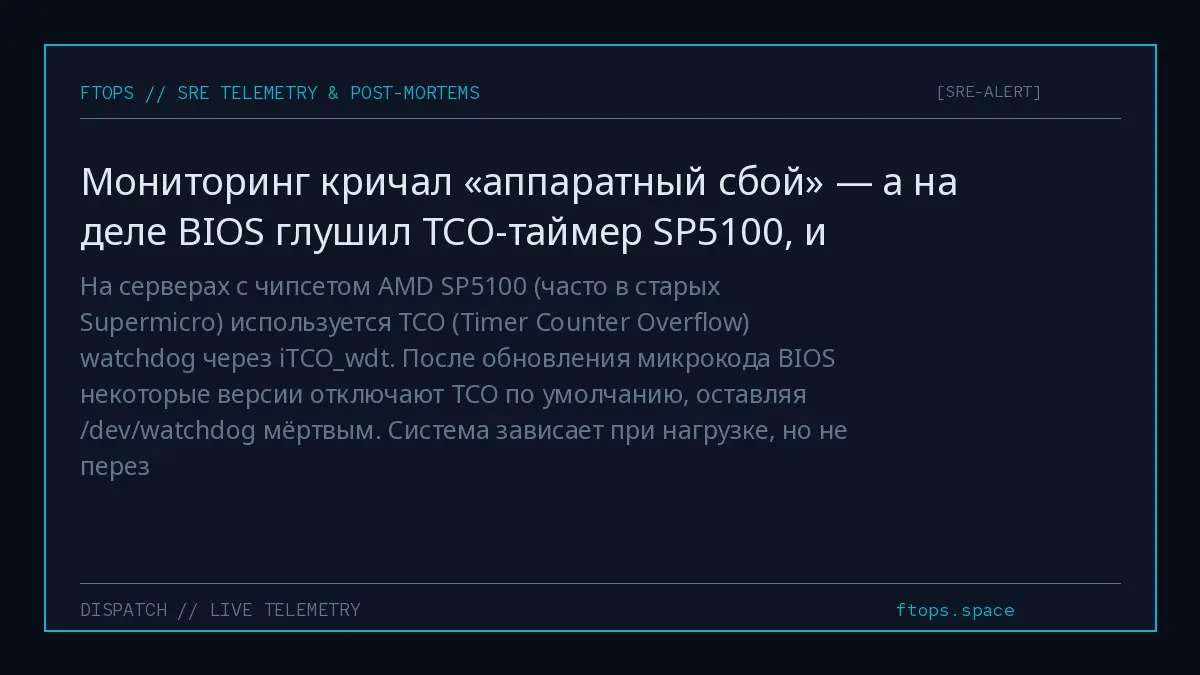 На серверах с чипсетом AMD SP5100 (часто в старых Supermicro) используется TCO (Timer Counter Overflow) watchdog через iTCOwdt | Сетка — социальная сеть от hh.ru