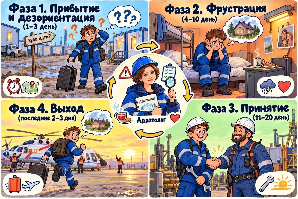 «Первая вахта: четыре фазы, о которых молчат на собеседовании»
Первая вахта — не просто испытательный срок для новичка, а стресс-тест для всей бригады | Сетка — социальная сеть от hh.ru