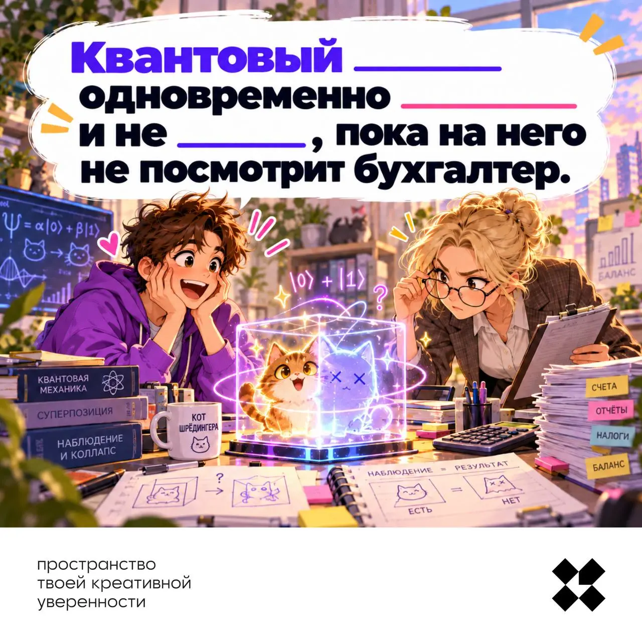 Завершить неделю можно на квантовом уровне, если задании есть бухгалтер. Он у нас есть, с вас десять идей в комментариях.
#10идейвдень by @creativehappens | Сетка — социальная сеть от hh.ru