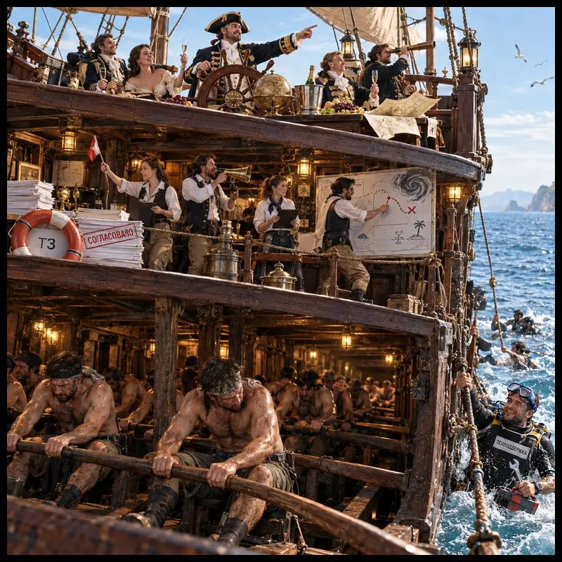 ⛵️ Палубная правда корпоративного единства
(от подписчика и сотрудника франча)
Когда на совещании говорят, что мы все в одной лодке, рекомендую всегда уточнять, кто на какой палубе | Сетка — социальная сеть от hh.ru