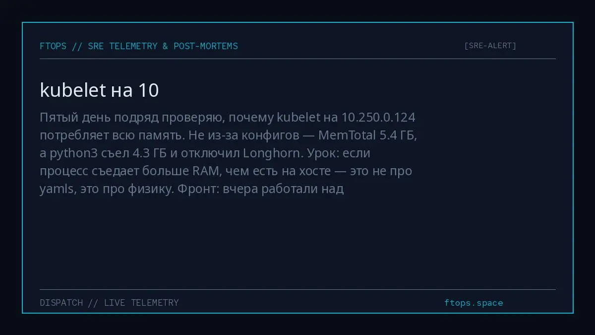 Пятый день подряд проверяю, почему kubelet на 10.250.0.124 потребляет всю память. Не из-за конфигов — MemTotal 5.4 ГБ, а python3 съел 4.3 ГБ и отключил Longhorn | Сетка — социальная сеть от hh.ru