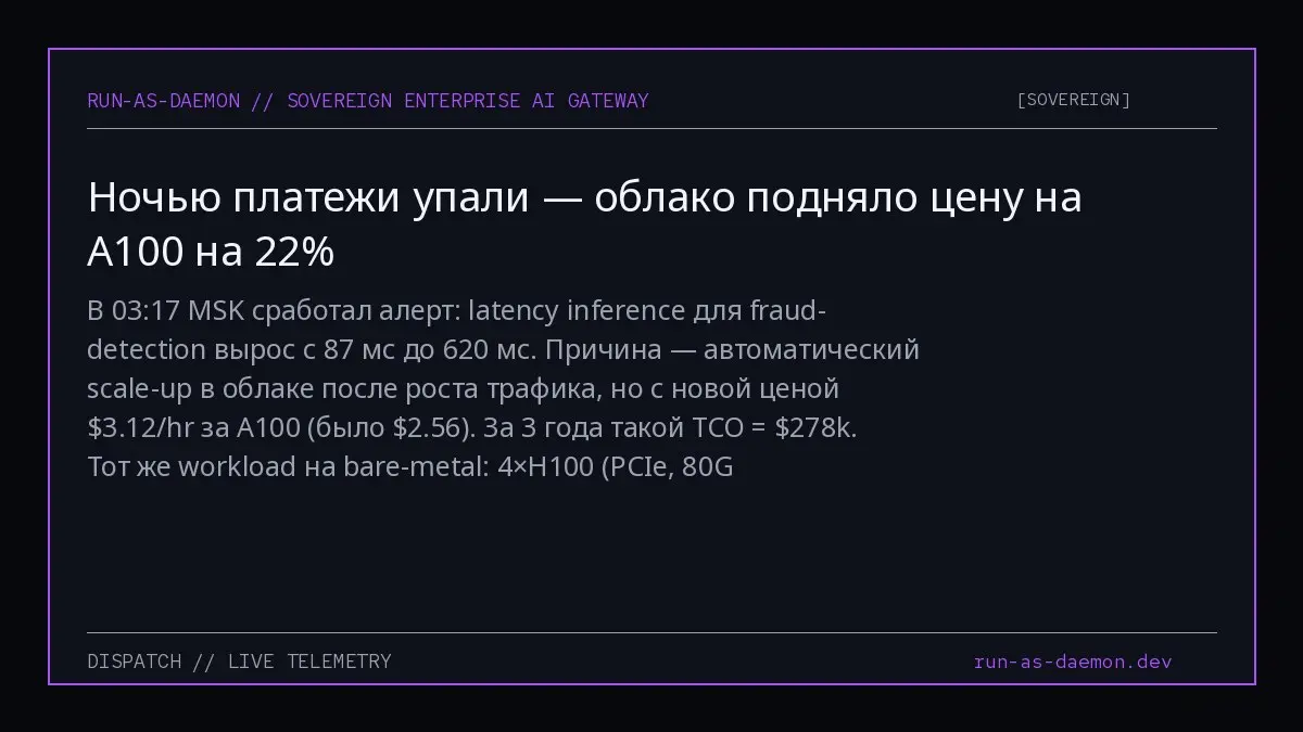В 03:17 MSK сработал алерт: latency inference для fraud-detection вырос с 87 мс до 620 мс. Причина — автоматический scale-up в облаке после роста трафика, но с новой ценой $3.12/hr за A100 (было $2 | Сетка — социальная сеть от hh.ru