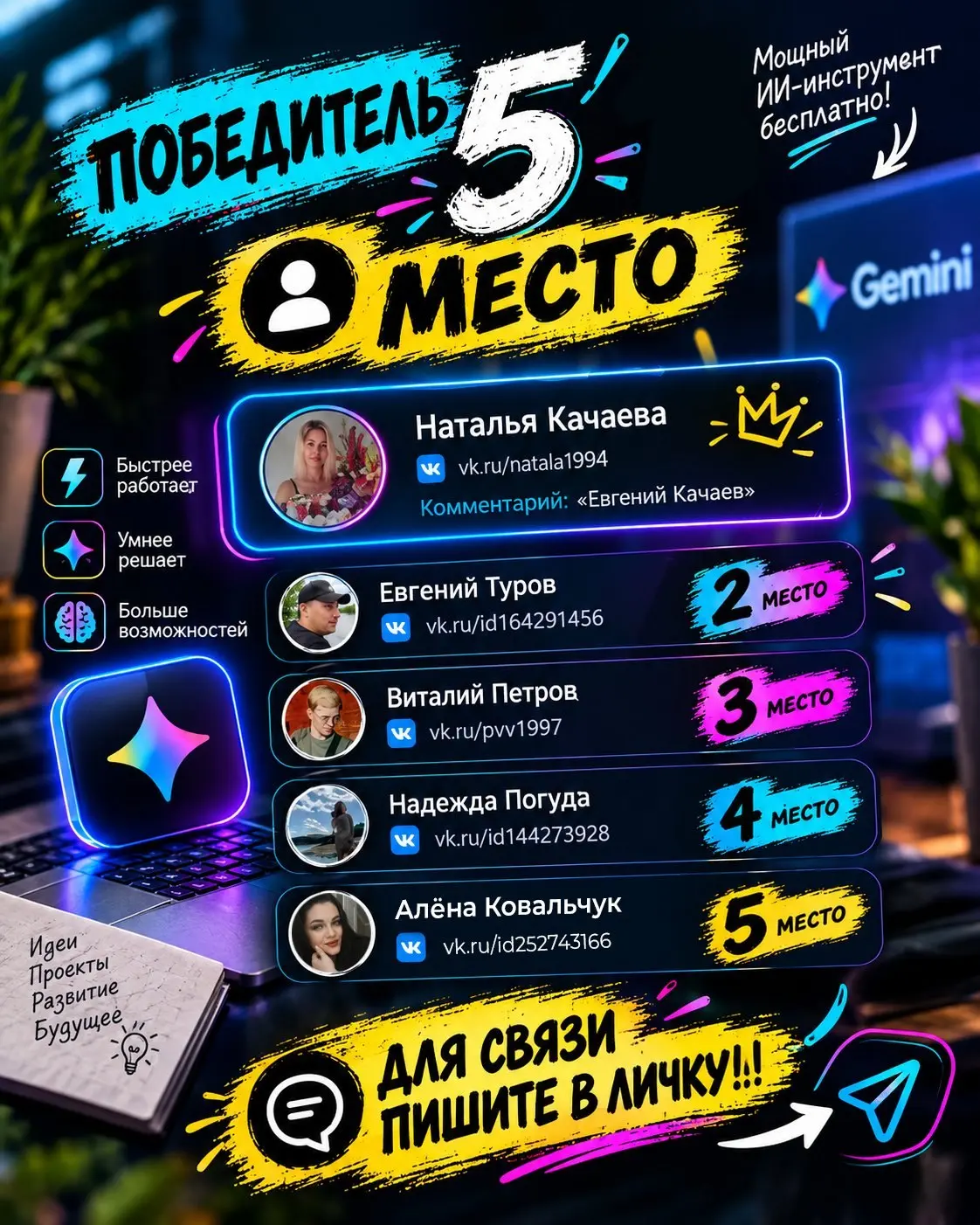 Всё! Конкурс официально закрыт, а все призы нашли своих владельцев! 🎁
Победители уже вовсю осваивают мощь Gemini Pro (помогаю с настройкой каждому 🤝) | Сетка — социальная сеть от hh.ru