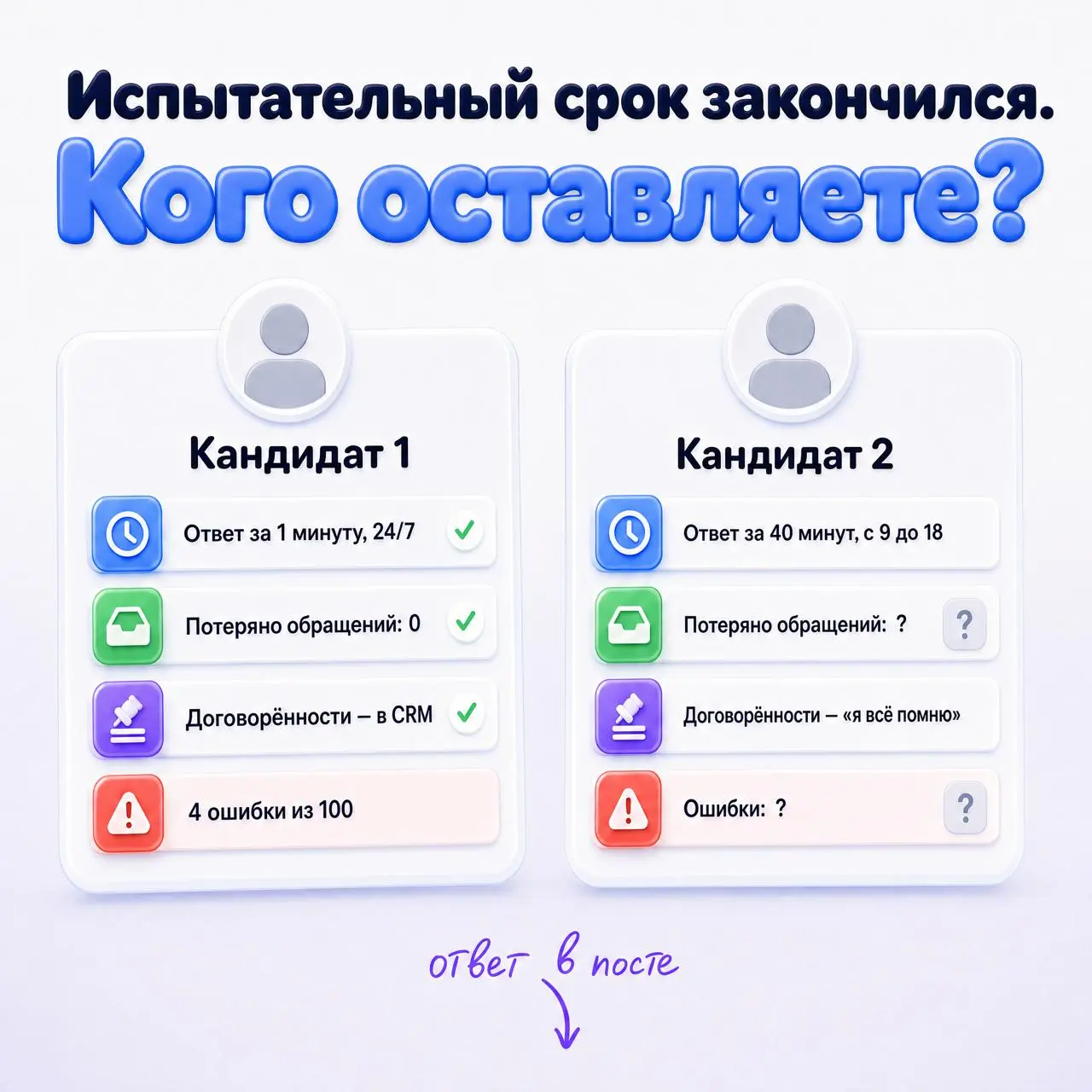 Испытательный срок закончился. Кого оставляете?
Вы РОП. На входящие заявки взяли двоих, прошёл месяц | Сетка — социальная сеть от hh.ru