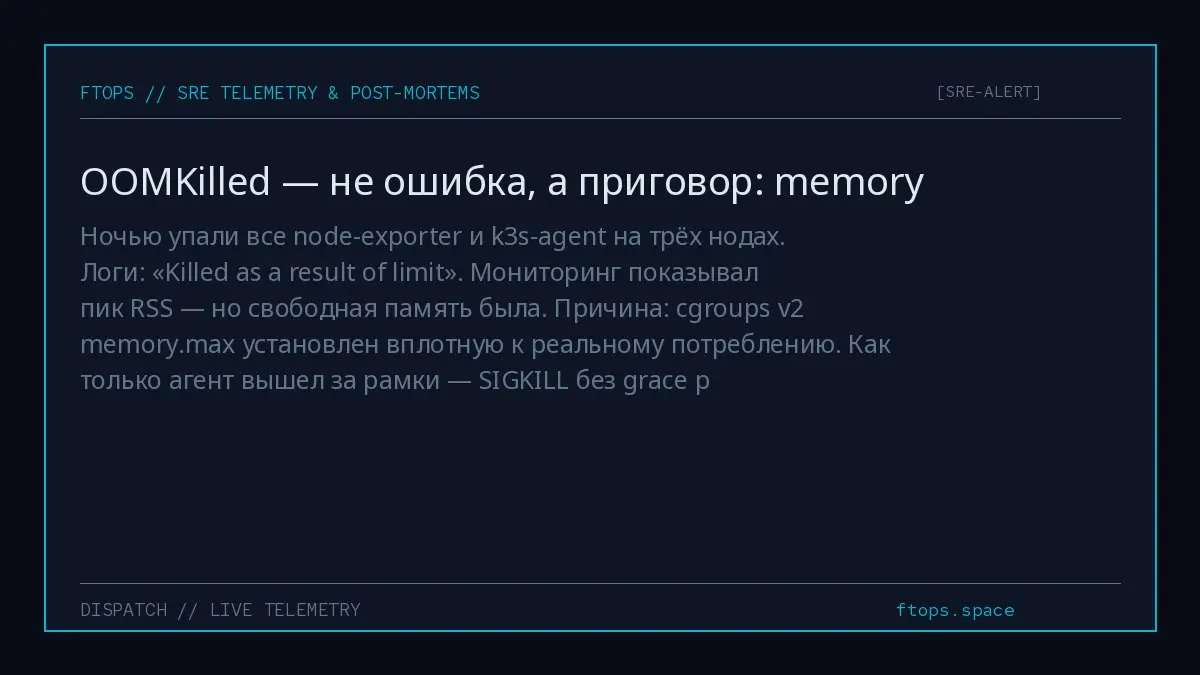 Ночью упали все node-exporter и k3s-agent на трёх нодах. Логи: «Killed as a result of limit». Мониторинг показывал пик RSS — но свободная память была. Причина: cgroups v2 memory | Сетка — социальная сеть от hh.ru