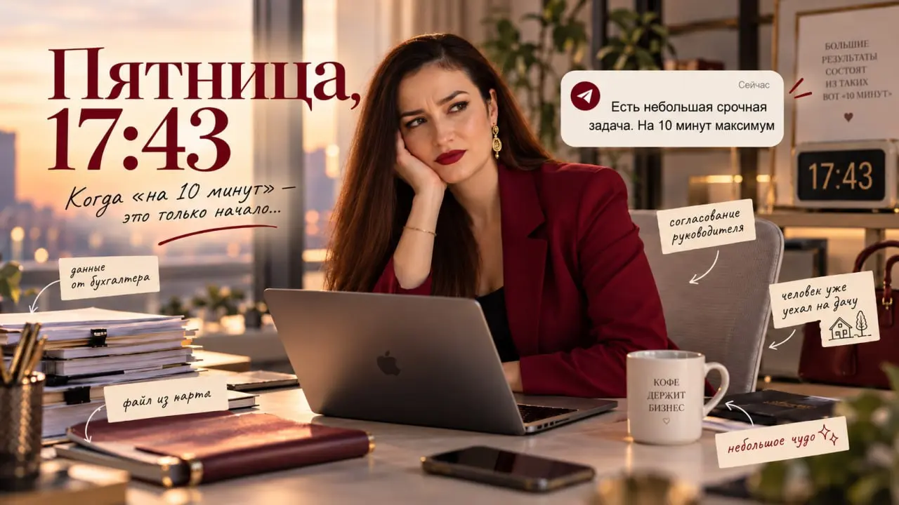 Пятница 17:43, ты уже мысленно дома. Компьютер начинает закрываться чуть ли не сам. И тут приходит сообщение: “Есть небольшая срочная задача. На 10 минут максимум” | Сетка — социальная сеть от hh.ru