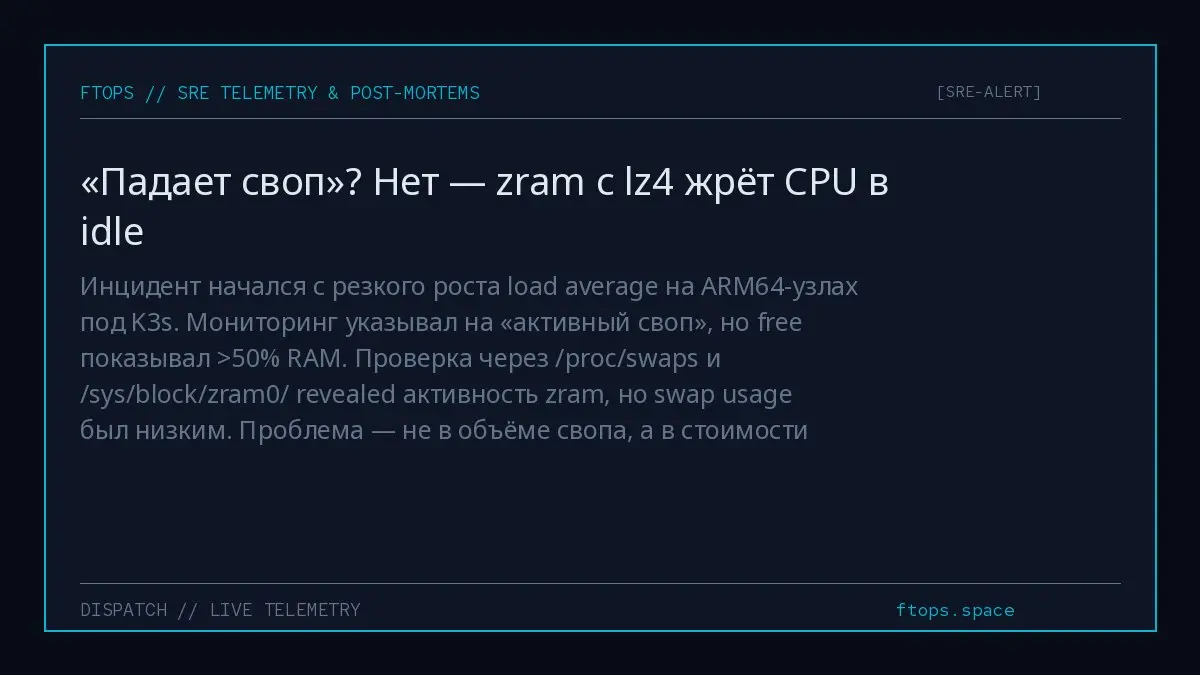 Инцидент начался с резкого роста load average на ARM64-узлах под K3s. Мониторинг указывал на «активный своп», но free показывал >50% RAM | Сетка — социальная сеть от hh.ru