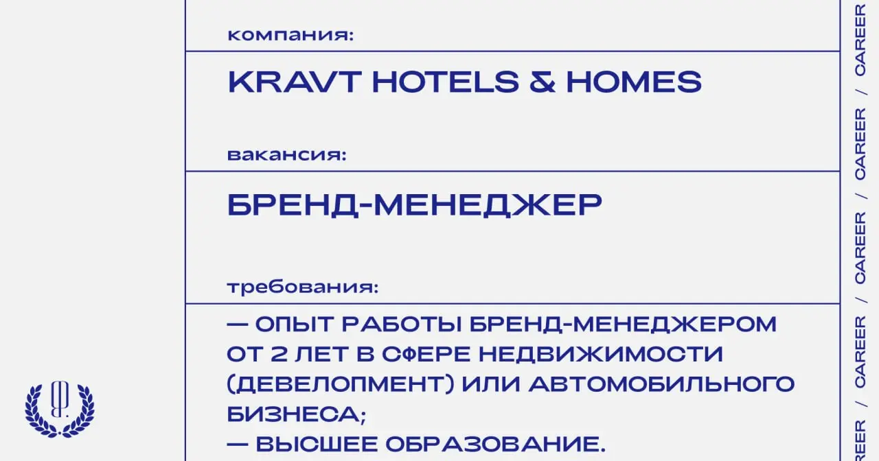 Компания в области девелопмента и управления недвижимостью Kravt hotels & homes (ex. Kravt Group) ищет бренд-менеджера.
https://theblueprint | Сетка — социальная сеть от hh.ru