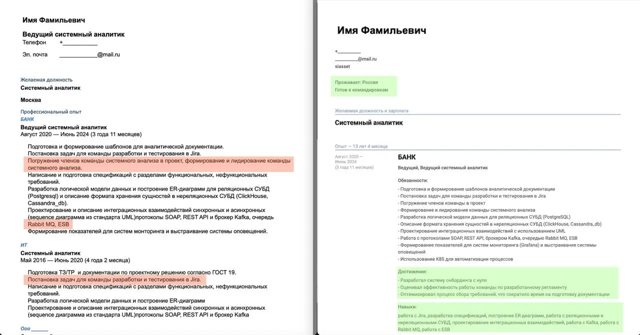 13 лет в IT, а резюме читается как должностная инструкция
ДО | ПОСЛЕ: улучшение резюме
На днях попросили разобрать резюме системного аналитика | Сетка — социальная сеть от hh.ru