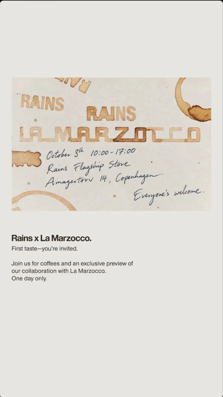 Что общего у водонепроницаемой одежды и кофемашин?
Коллаборация Rains x La Marzocco
Вчера два эти бренда анонсировали выпуск четырёх продуктов в рамках партнёрства | Сетка — социальная сеть от hh.ru