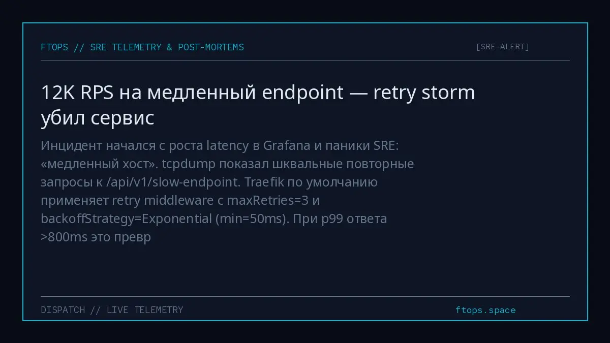 Инцидент начался с роста latency в Grafana и паники SRE: «медленный хост». tcpdump показал шквальные повторные запросы к /api/v1/slow-endpoint | Сетка — социальная сеть от hh.ru
