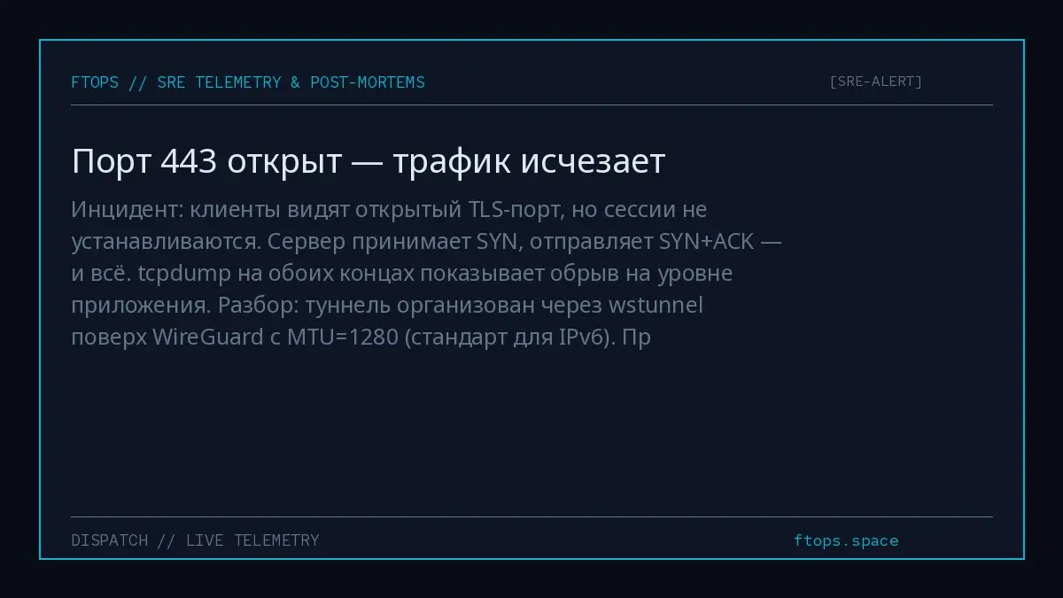 Инцидент: клиенты видят открытый TLS-порт, но сессии не устанавливаются. Сервер принимает SYN, отправляет SYN+ACK — и всё. tcpdump на обоих концах показывает обрыв на уровне приложения | Сетка — социальная сеть от hh.ru