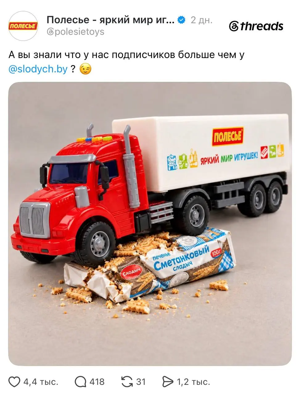 Эсэмемщики белорусских брендов сцепились в Тредс после того, как «Полесье» проехались игрушечным грузовиком по пачке печенья «Слодыч» | Сетка — социальная сеть от hh.ru