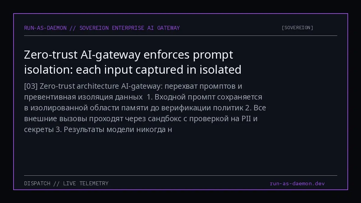 03 Zero-trust architecture AI-gateway: перехват промптов и превентивная изоляция данных
1. Входной промпт сохраняется в изолированной области памяти до верификации политик
2 | Сетка — социальная сеть от hh.ru