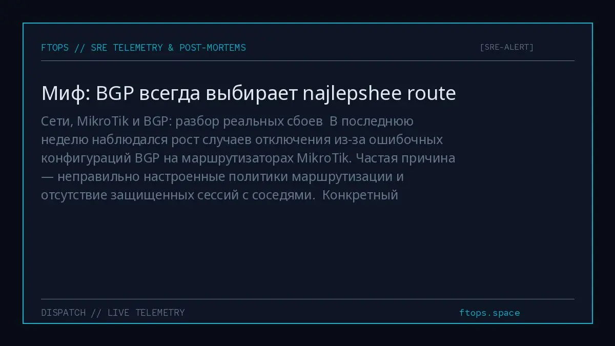 Сети, MikroTik и BGP: разбор реальных сбоев
В последнюю неделю наблюдался рост случаев отключения из-за ошибочных конфигураций BGP на маршрутизаторах MikroTik | Сетка — социальная сеть от hh.ru